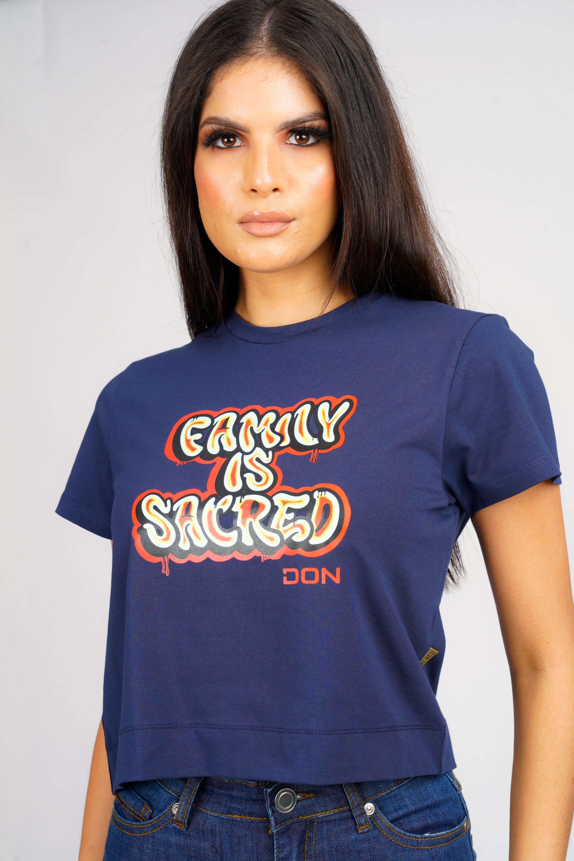 DON FAMILY IS SACRED NAVY CROPPED T-SHIRT
