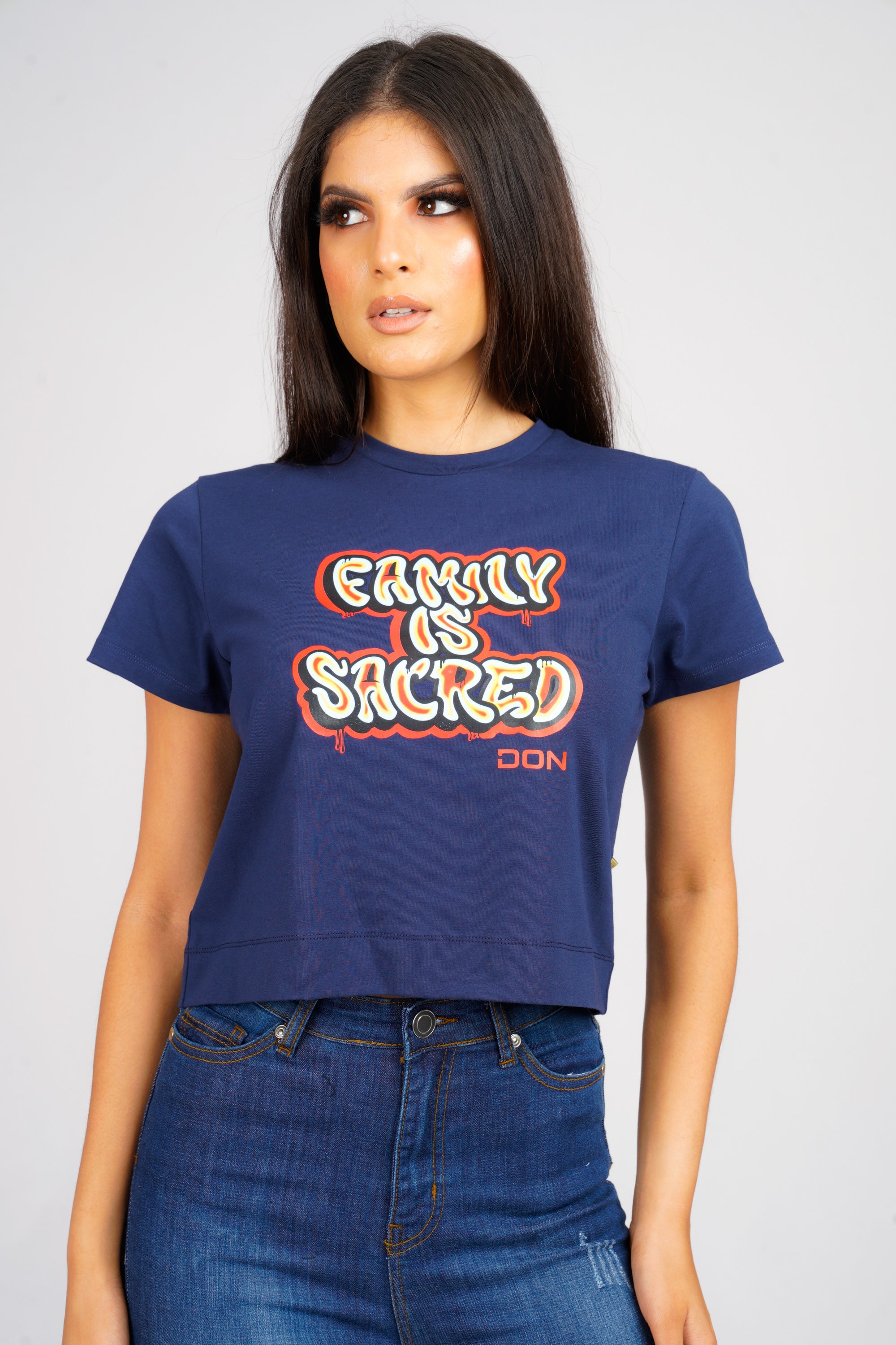 DON FAMILY IS SACRED NAVY CROPPED T-SHIRT