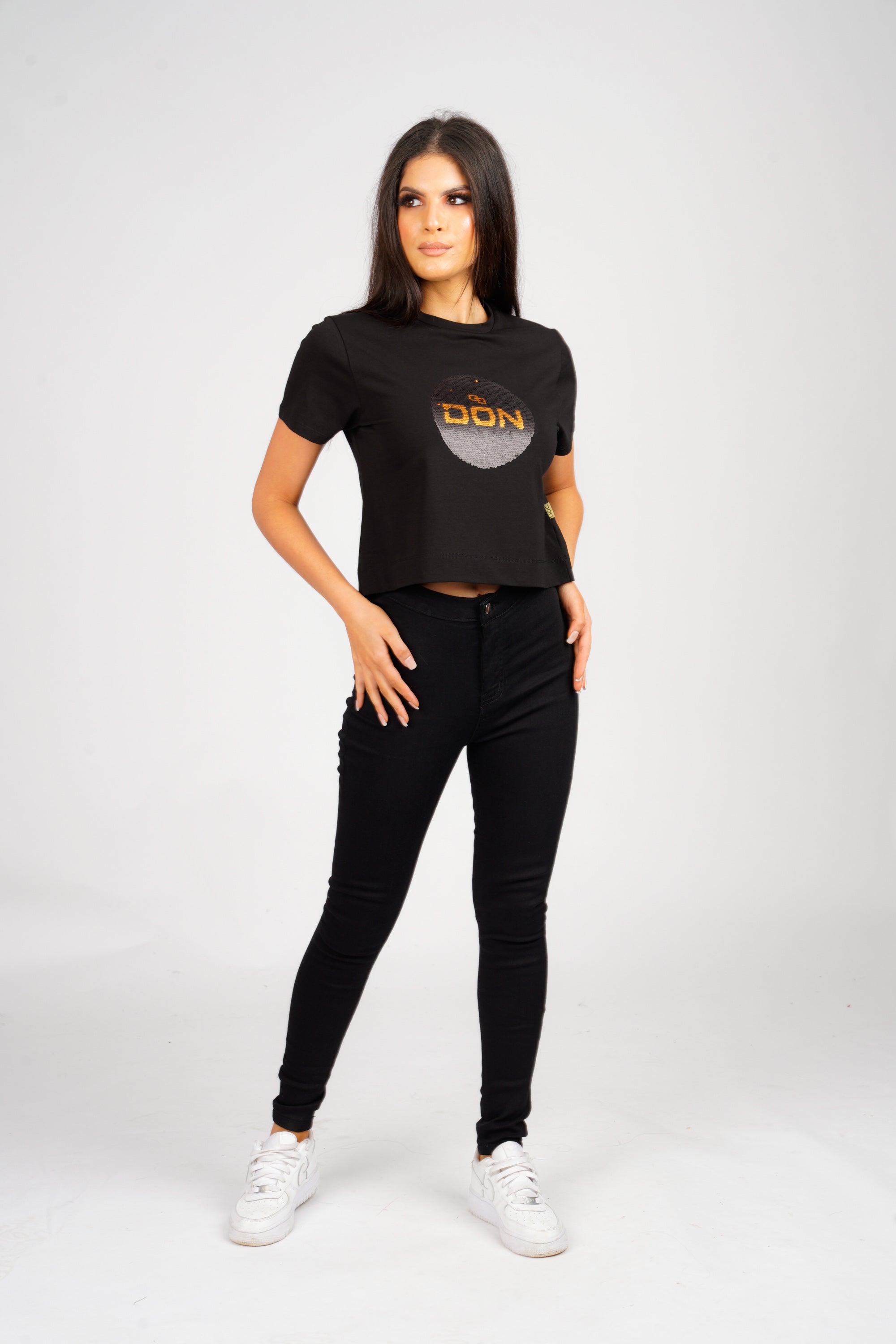 DON SEQUIN BLACK CROPPED T-SHIRT
