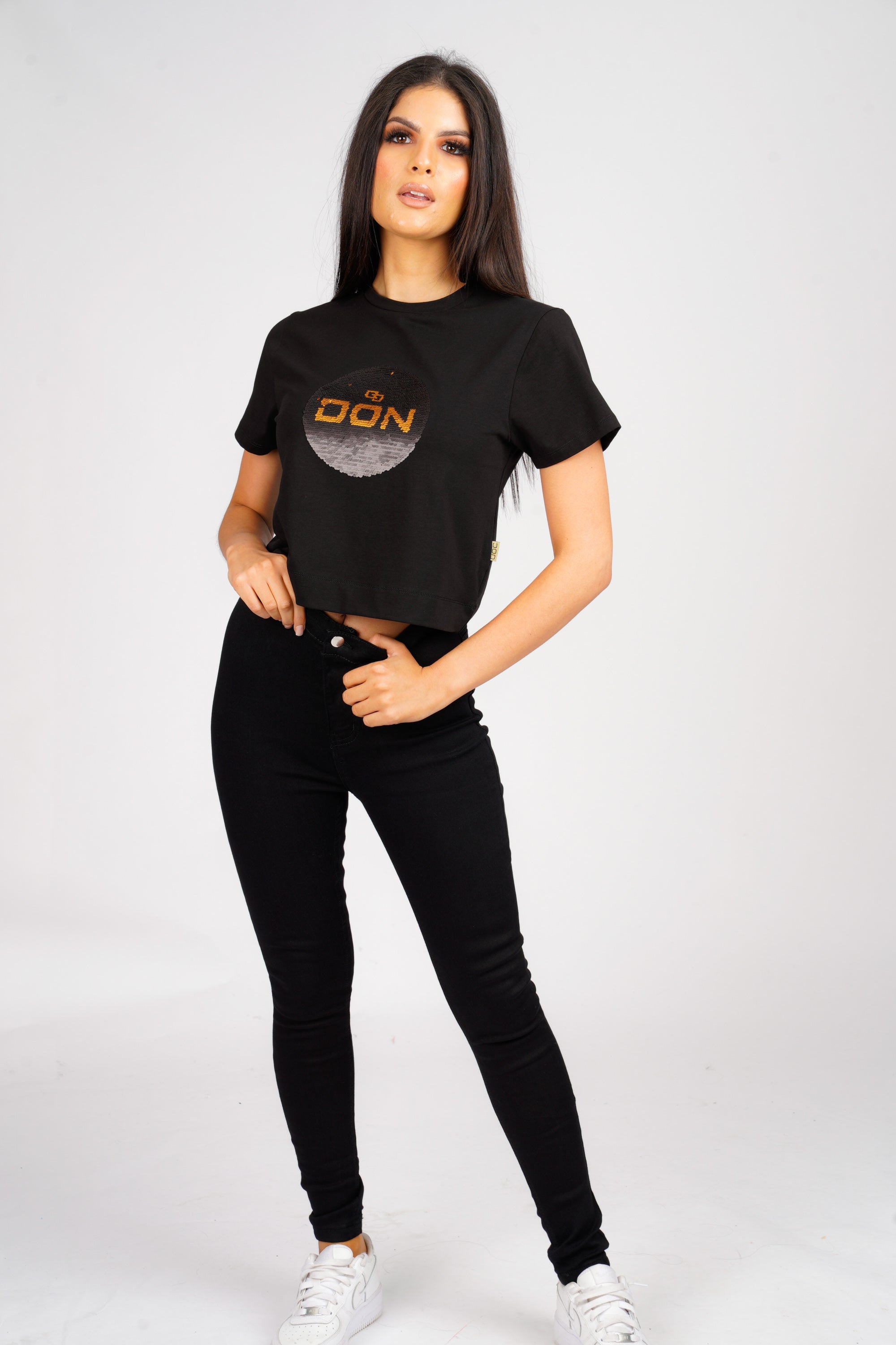 DON SEQUIN BLACK CROPPED T-SHIRT