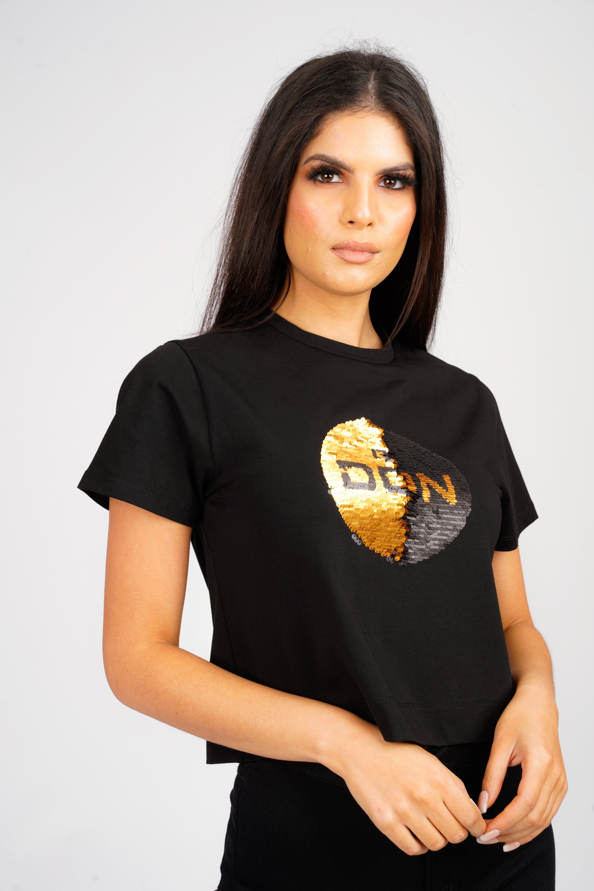 DON SEQUIN BLACK CROPPED T-SHIRT