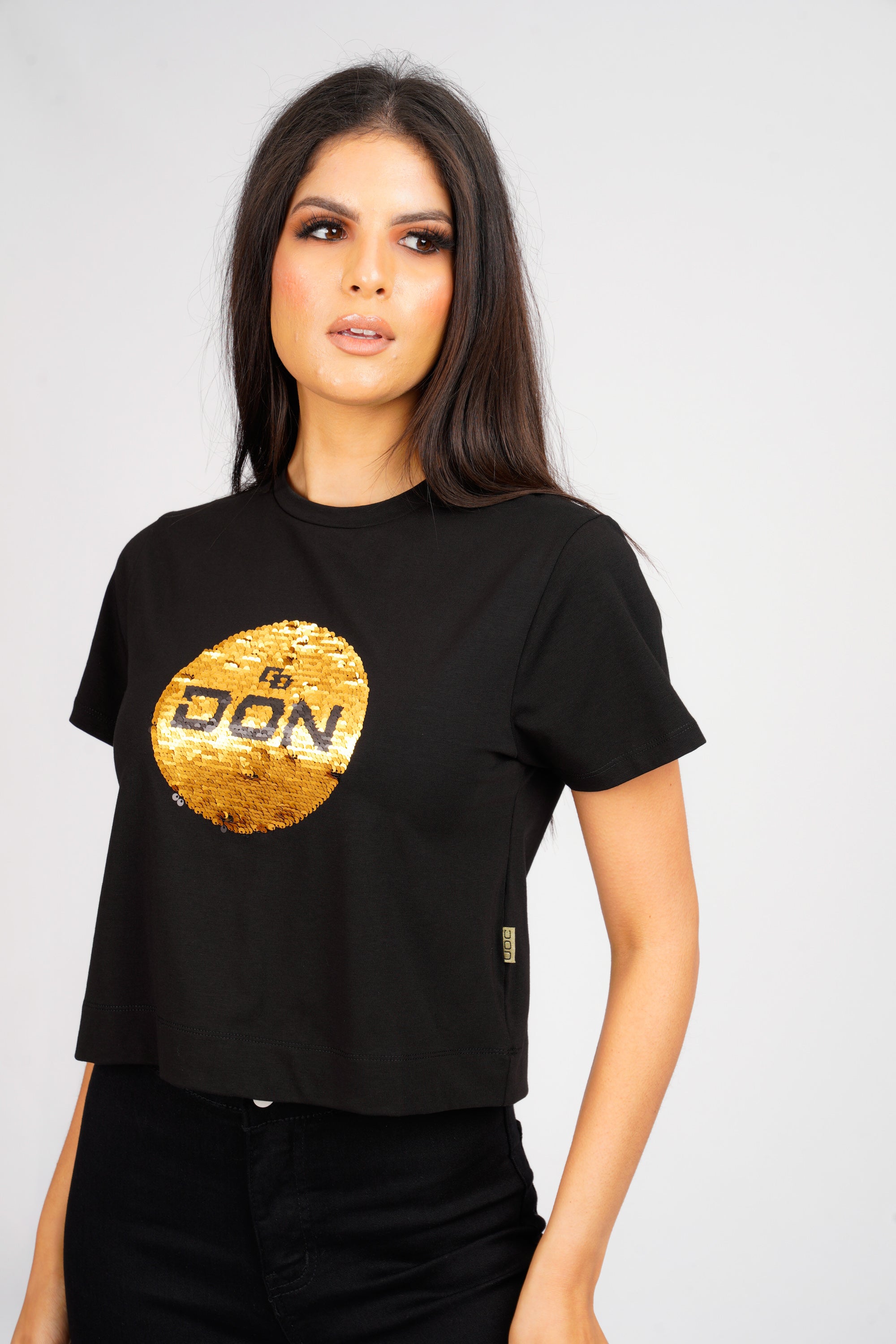 DON SEQUIN BLACK CROPPED T-SHIRT
