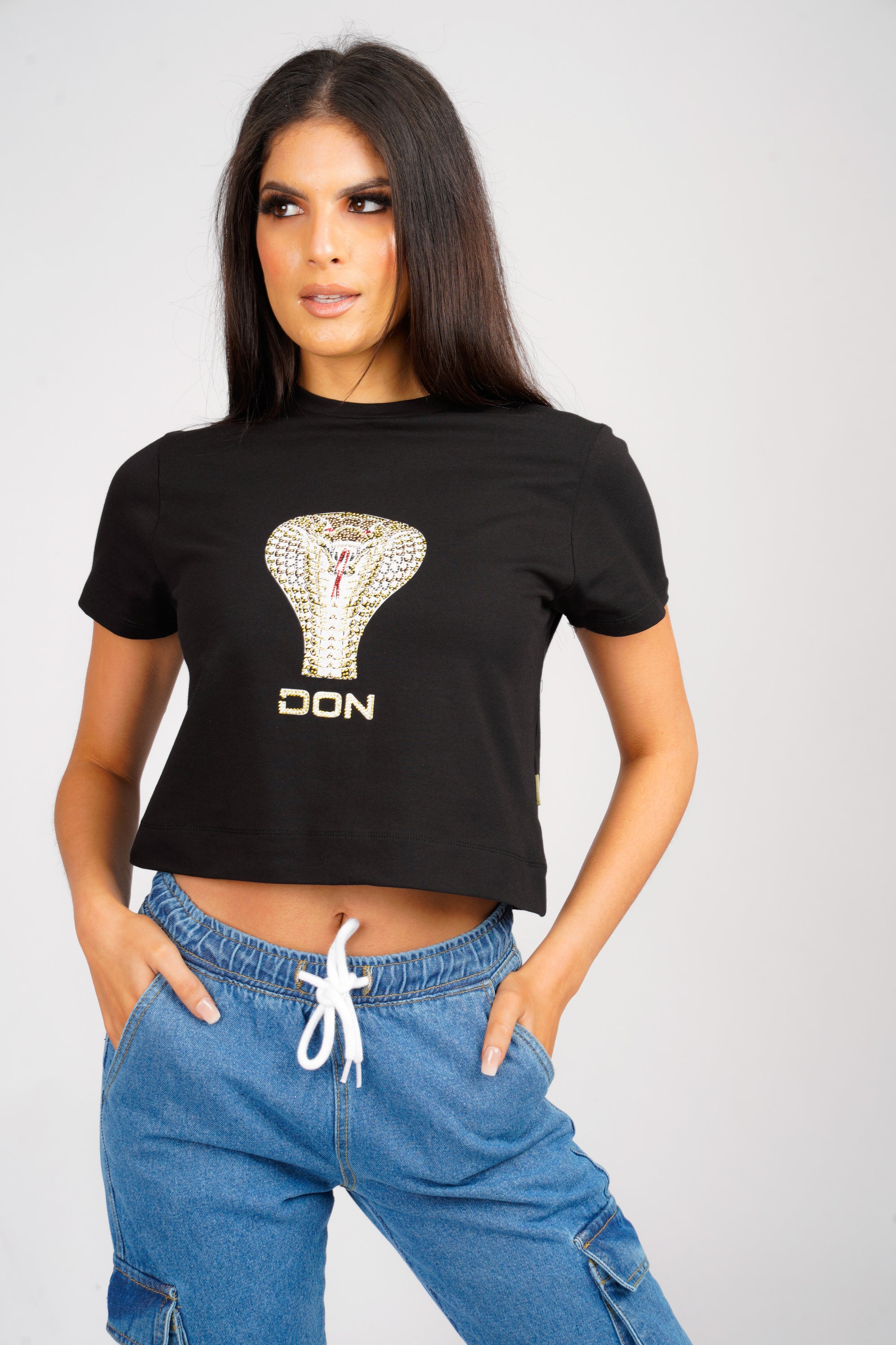 DON SNAKE BLACK CROPPED T-SHIRT