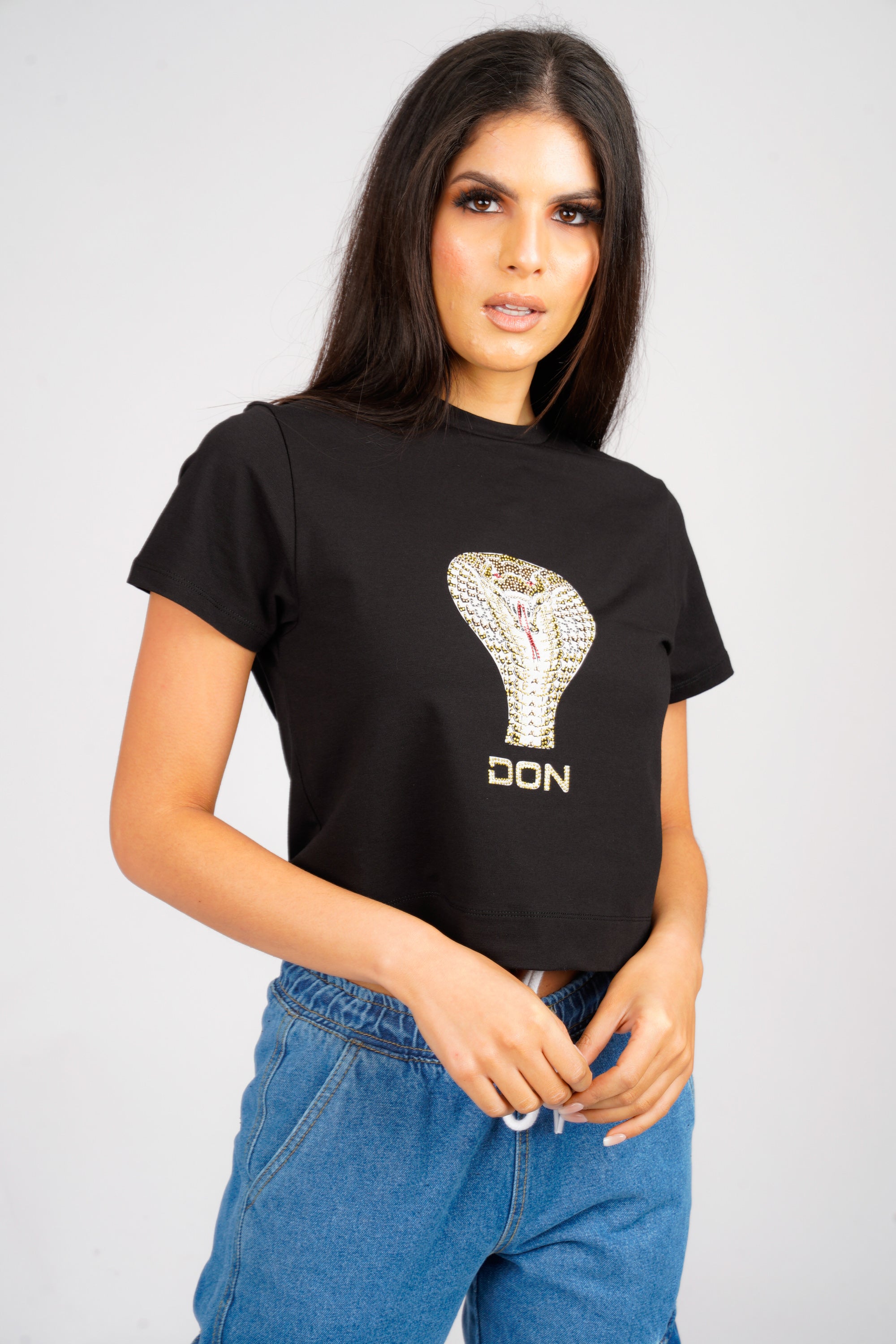 DON SNAKE BLACK CROPPED T-SHIRT